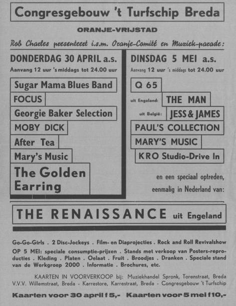 Golden Earring festival flyer Breda - Turfschip April 30, 1970